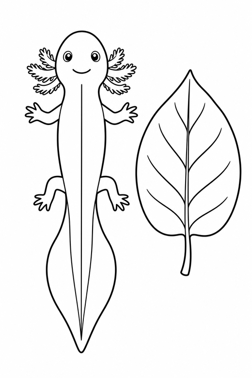 Long axolotl seen from above with a leaf: A long slender axolotl with a wide tail fin seen from directly above beside a single broad leaf, free printable coloring page