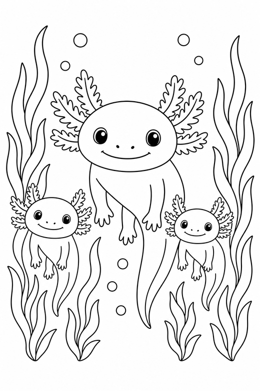 Axolotl family floating among water plants: A large axolotl with two small ones floating with its legs hanging down among tall water plants, free printable coloring page
