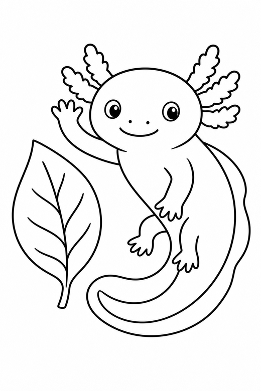 Waving axolotl curled with a leaf: An axolotl lifting one front leg as if waving curled into a comma shape beside a single broad leaf, free printable coloring page