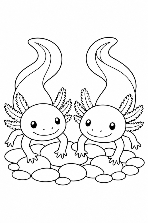 Two axolotls swimming on pebbles: Two axolotls side by side swimming forward with their tail curved on a bed of smooth pebbles, free printable coloring page