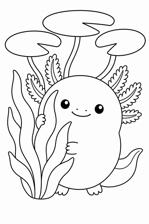 Chubby axolotl peeking under lily pads: A very round, chubby axolotl peeking out from behind a plant under floating lily pads, free printable coloring page