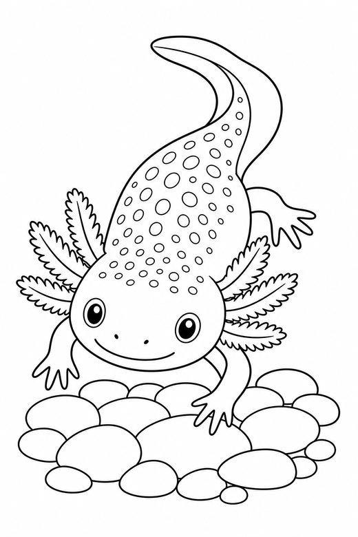 Patterned axolotl swimming on pebbles: An axolotl with speckled patterning on its back swimming forward with its tail curved on a bed of smooth pebbles, free printable coloring page
