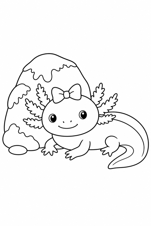 Axolotl with a bow resting near a rock: An axolotl wearing a small bow resting on the bottom beside a mossy rock, free printable coloring page