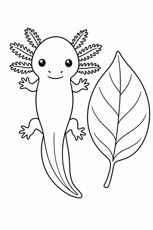 Axolotl seen from above with a leaf: An axolotl with feathery external gills seen from directly above beside a single broad leaf, free printable coloring page