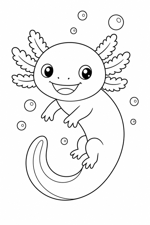 Smiling axolotl curled with bubbles: A smiling cartoon axolotl curled into a comma shape with small bubbles rising around it, free printable coloring page