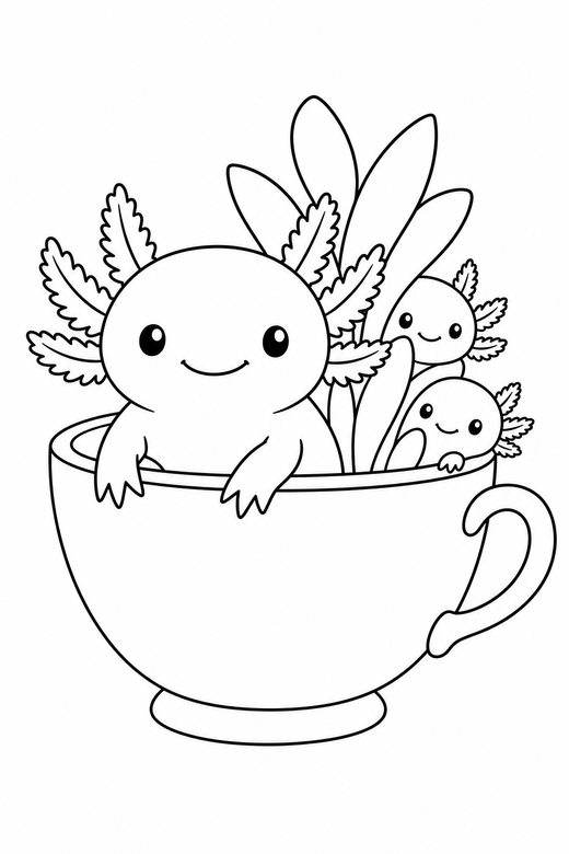 Axolotl family peeking in a teacup: A large axolotl with two small ones peeking out from behind a plant sitting in an oversized teacup, free printable coloring page