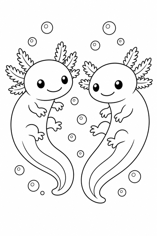 Two axolotls curled with bubbles: Two axolotls side by side curled into a comma shape with small bubbles rising around them, free printable coloring page