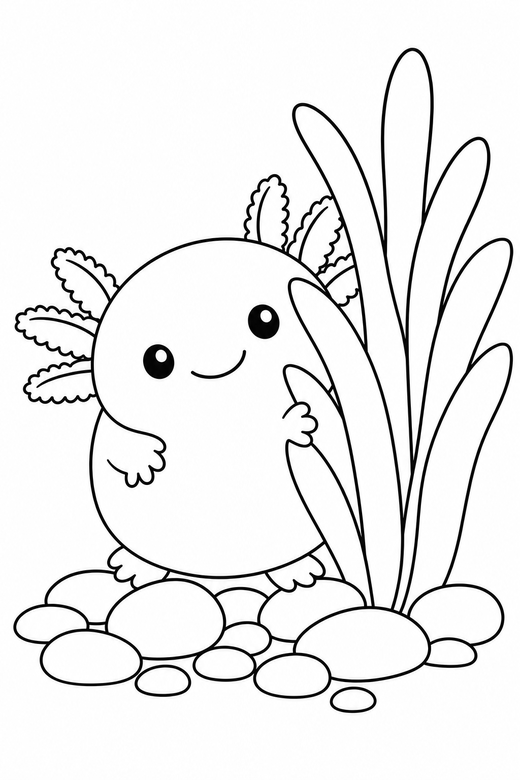 Chubby axolotl peeking on pebbles: A very round, chubby axolotl peeking out from behind a plant on a bed of smooth pebbles, free printable coloring page