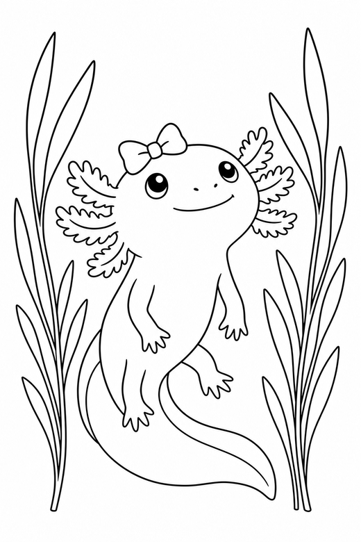 Axolotl with a bow looking up among reeds: An axolotl wearing a small bow looking upward among slender reeds, free printable coloring page