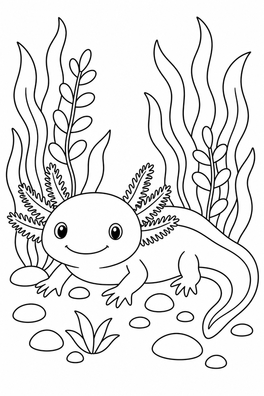 Axolotl resting among water plants: An axolotl with feathery external gills resting on the bottom among tall water plants, free printable coloring page