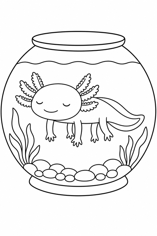 Sleepy axolotl floating in a tank: An axolotl with closed, sleepy eyes floating with its legs hanging down inside a rounded glass tank, free printable coloring page