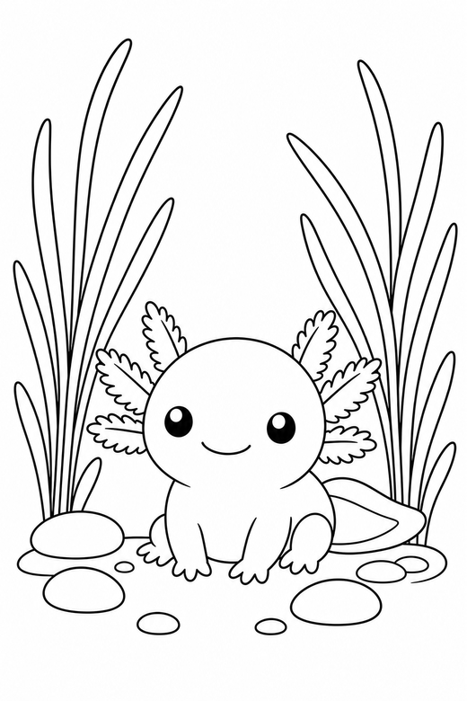 Baby axolotl resting among reeds: A tiny round baby axolotl resting on the bottom among slender reeds, free printable coloring page