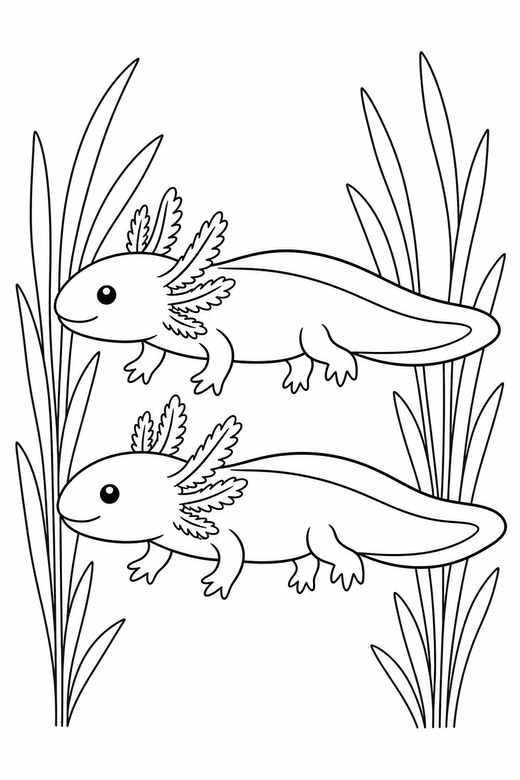 Two axolotls side view among reeds: Two axolotls side by side shown in side profile among slender reeds, free printable coloring page