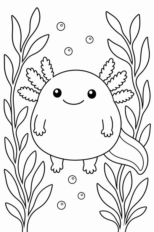 Chubby axolotl floating among water plants: A very round, chubby axolotl floating with its legs hanging down among tall water plants, free printable coloring page