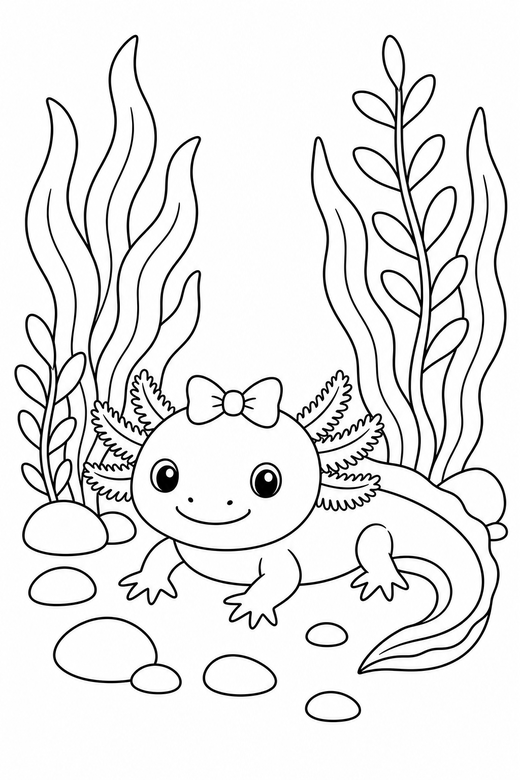 Axolotl with a bow resting: An axolotl wearing a small bow resting on the bottom among tall water plants, free printable coloring page