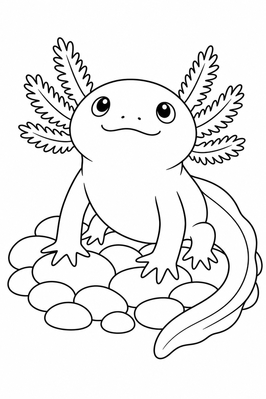 Axolotl looking up on pebbles: An axolotl with feathery external gills looking upward on a bed of smooth pebbles, free printable coloring page