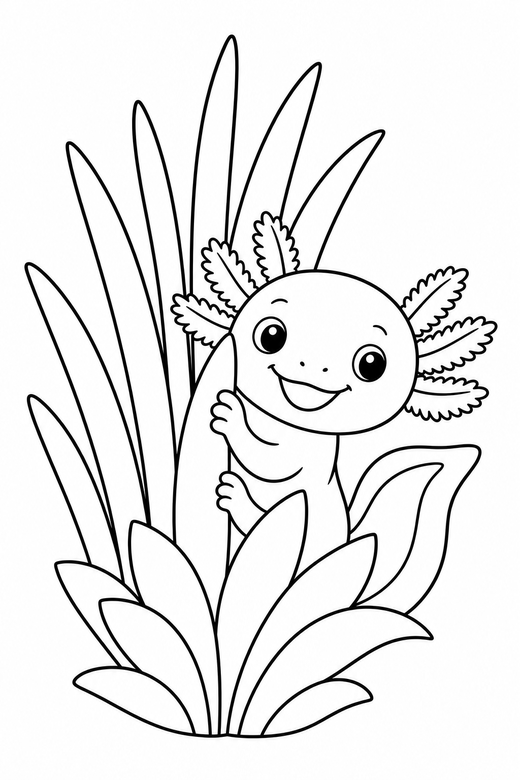 Smiling axolotl peeking among reeds: A smiling cartoon axolotl peeking out from behind a plant among slender reeds, free printable coloring page