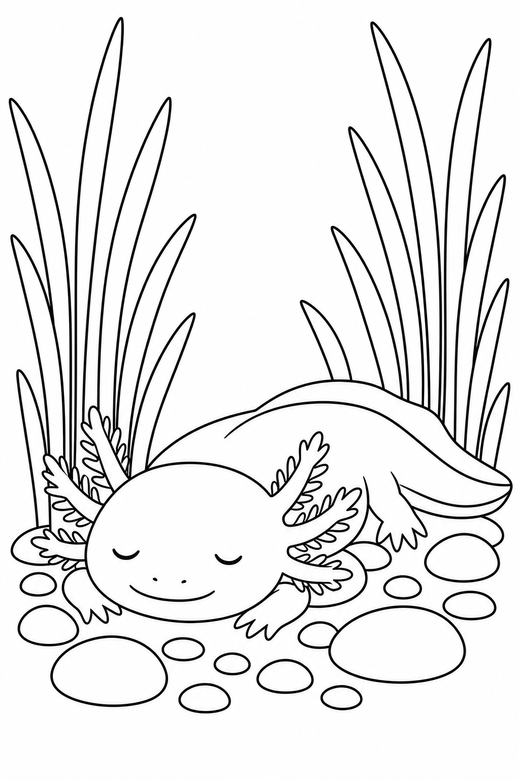 Sleepy axolotl resting among reeds: An axolotl with closed, sleepy eyes resting on the bottom among slender reeds, free printable coloring page