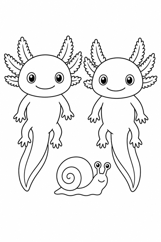 Two axolotls floating with a snail: Two axolotls side by side floating with their legs hanging down next to a small water snail, free printable coloring page