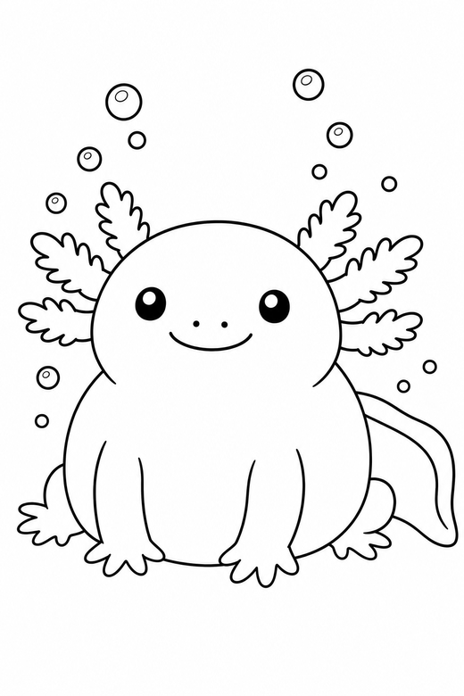 Chubby axolotl sitting with bubbles: A very round, chubby axolotl sitting up on its front legs with small bubbles rising around it, free printable coloring page
