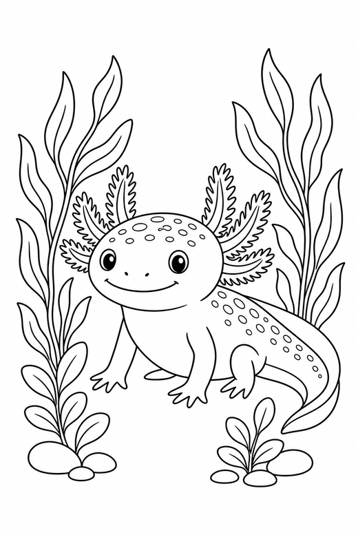 Patterned axolotl sitting among water plants: An axolotl with speckled patterning on its back sitting up on its front legs among tall water plants, free printable coloring page