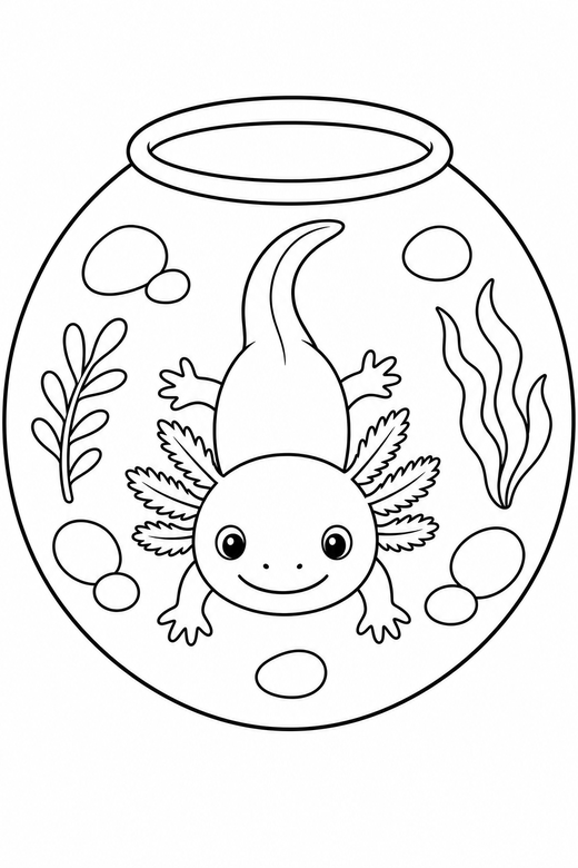 Smiling axolotl seen from above in a tank: A smiling cartoon axolotl seen from directly above inside a rounded glass tank, free printable coloring page