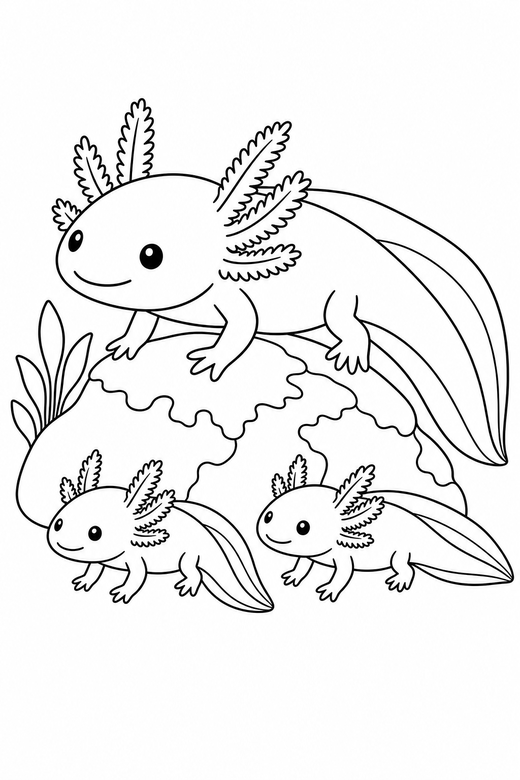Axolotl family side view near a rock: A large axolotl with two small ones shown in side profile beside a mossy rock, free printable coloring page