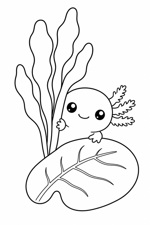 Baby axolotl peeking with a leaf: A tiny round baby axolotl peeking out from behind a plant beside a single broad leaf, free printable coloring page