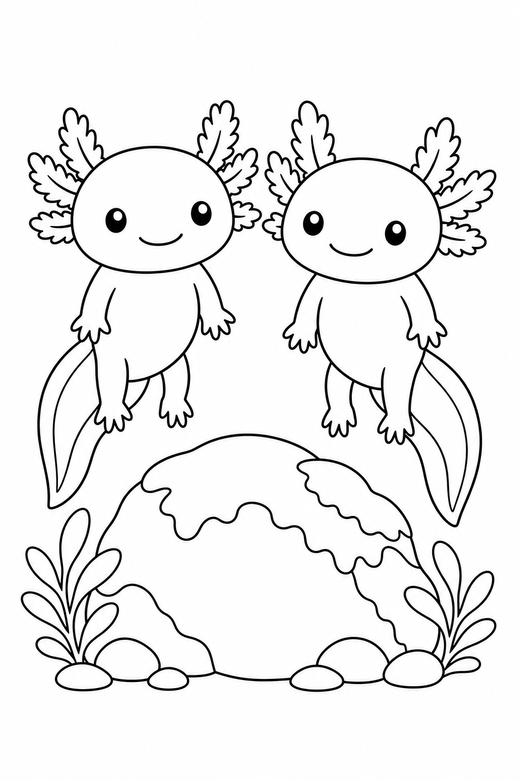 Two axolotls floating near a rock: Two axolotls side by side floating with their legs hanging down beside a mossy rock, free printable coloring page