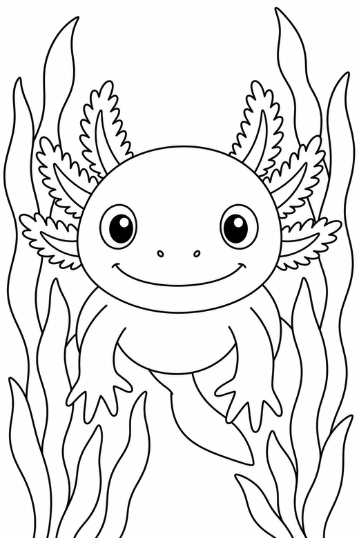 Axolotl face among water plants: A close-up axolotl face with wide eyes and frilled gills among tall water plants, filling the page, free printable coloring page