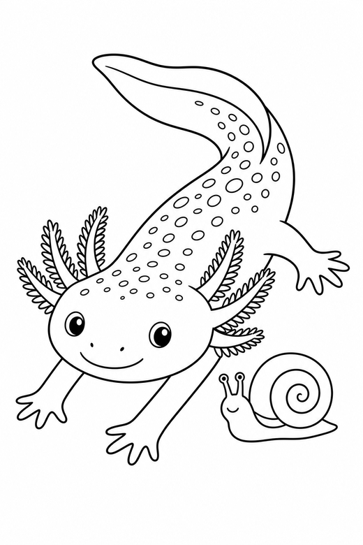 Patterned axolotl stretching with a snail: An axolotl with speckled patterning on its back stretching out its legs next to a small water snail, free printable coloring page
