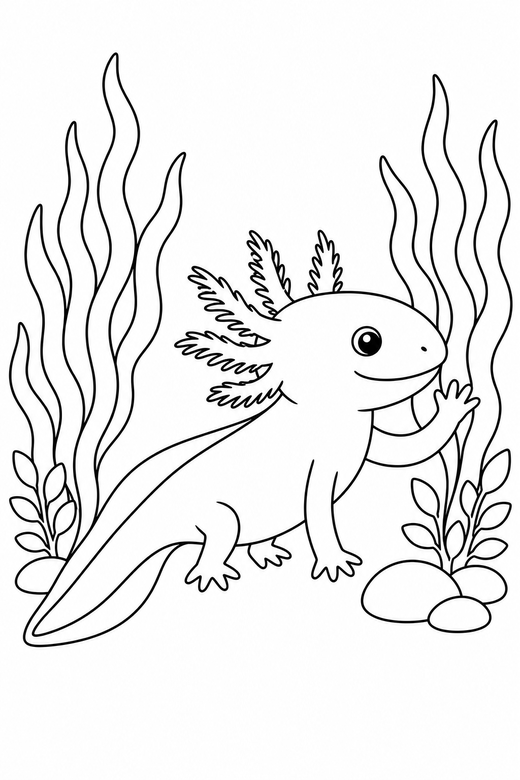 Waving axolotl side view among water plants: An axolotl lifting one front leg as if waving shown in side profile among tall water plants, free printable coloring page
