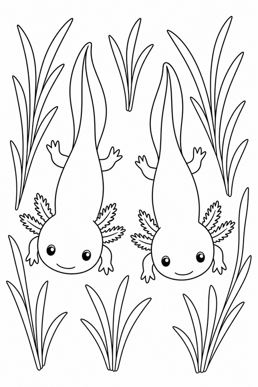 Two axolotls seen from above among reeds: Two axolotls side by side seen from directly above among slender reeds, free printable coloring page