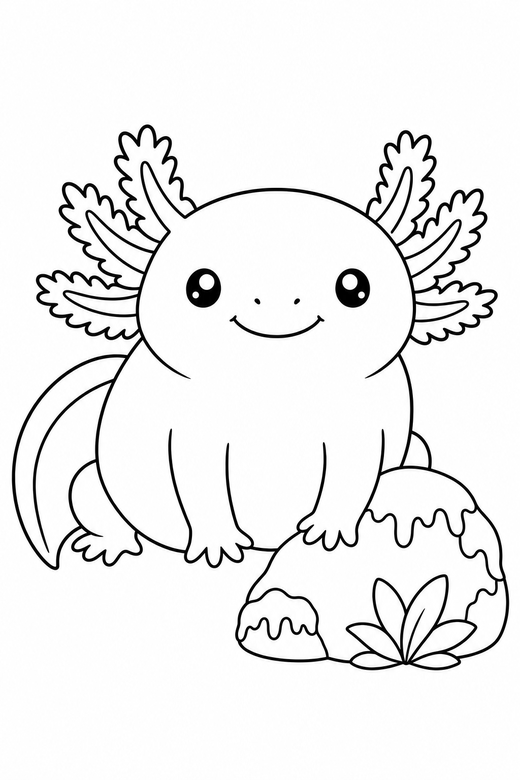 Chubby axolotl sitting near a rock: A very round, chubby axolotl sitting up on its front legs beside a mossy rock, free printable coloring page