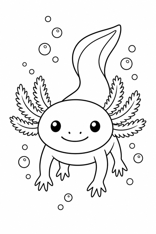 Axolotl floating with bubbles: An axolotl with feathery external gills floating with its legs hanging down with small bubbles rising around it, free printable coloring page