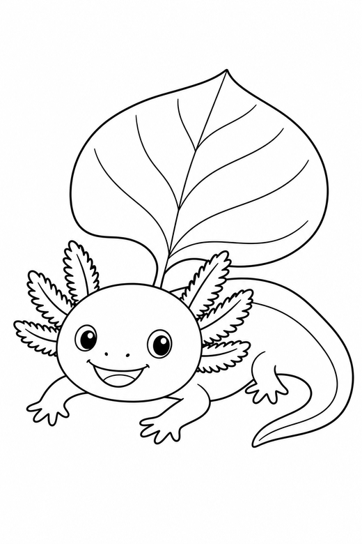 Smiling axolotl resting with a leaf: A smiling cartoon axolotl resting on the bottom beside a single broad leaf, free printable coloring page