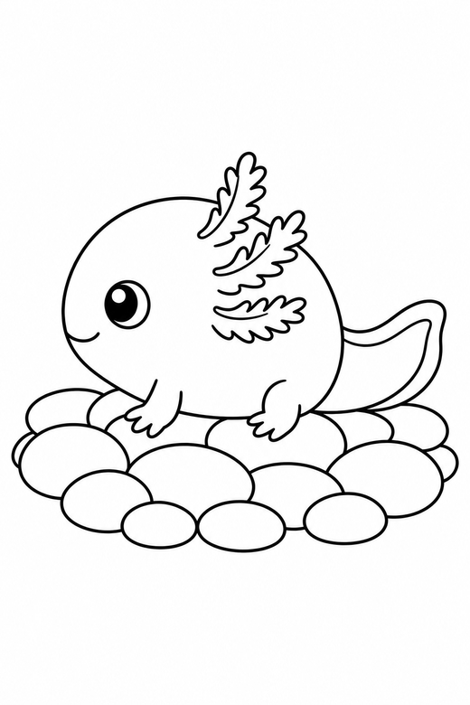 Baby axolotl side view on pebbles: A tiny round baby axolotl shown in side profile on a bed of smooth pebbles, free printable coloring page