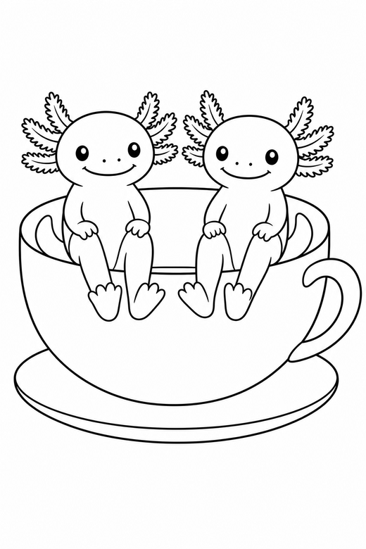 Two axolotls stretching in a teacup: Two axolotls side by side stretching out their legs sitting in an oversized teacup, free printable coloring page