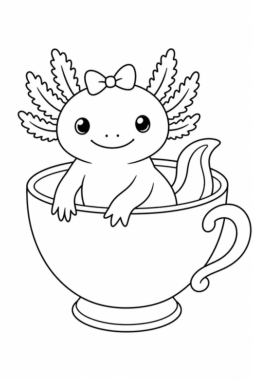 Axolotl with a bow swimming in a teacup: An axolotl wearing a small bow swimming forward with its tail curved sitting in an oversized teacup, free printable coloring page