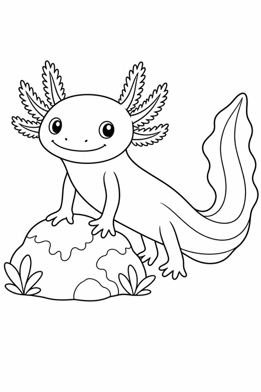 Long axolotl sitting near a rock: A long slender axolotl with a wide tail fin sitting up on its front legs beside a mossy rock, free printable coloring page