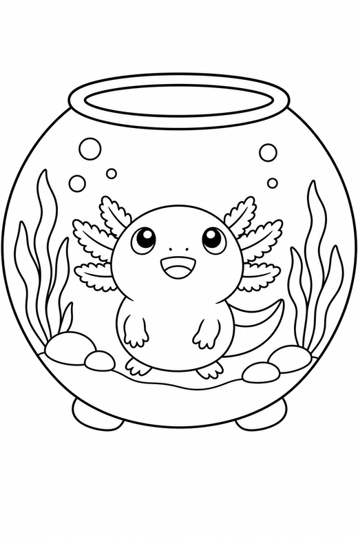 Baby axolotl looking up in a tank: A tiny round baby axolotl looking upward inside a rounded glass tank, free printable coloring page