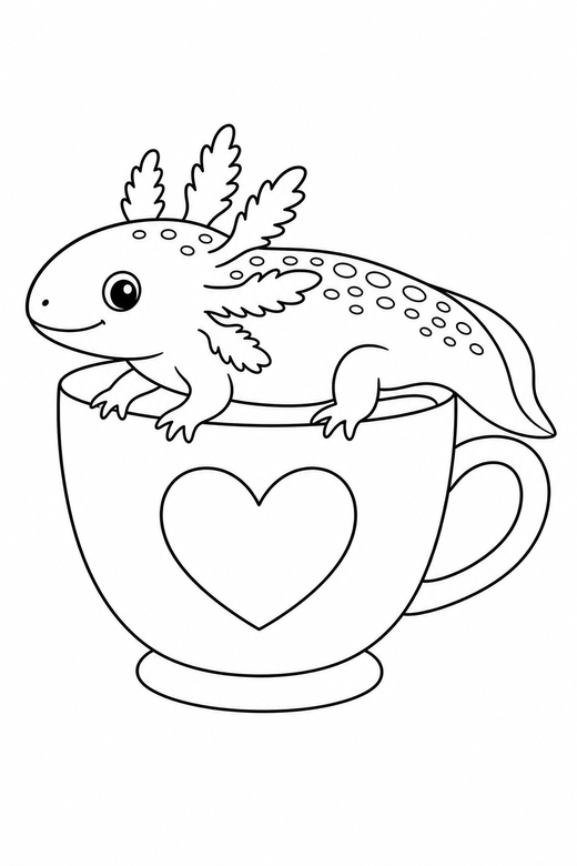 Patterned axolotl side view in a teacup: An axolotl with speckled patterning on its back shown in side profile sitting in an oversized teacup, free printable coloring page