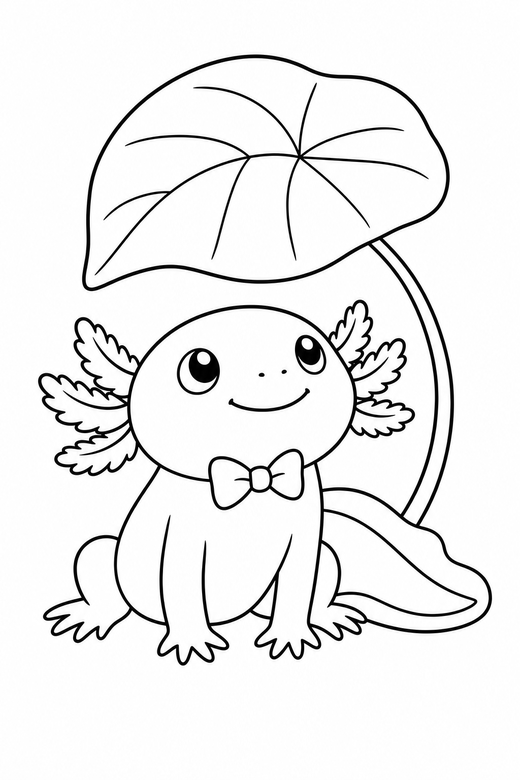 Axolotl with a bow looking up with a leaf: An axolotl wearing a small bow looking upward beside a single broad leaf, free printable coloring page