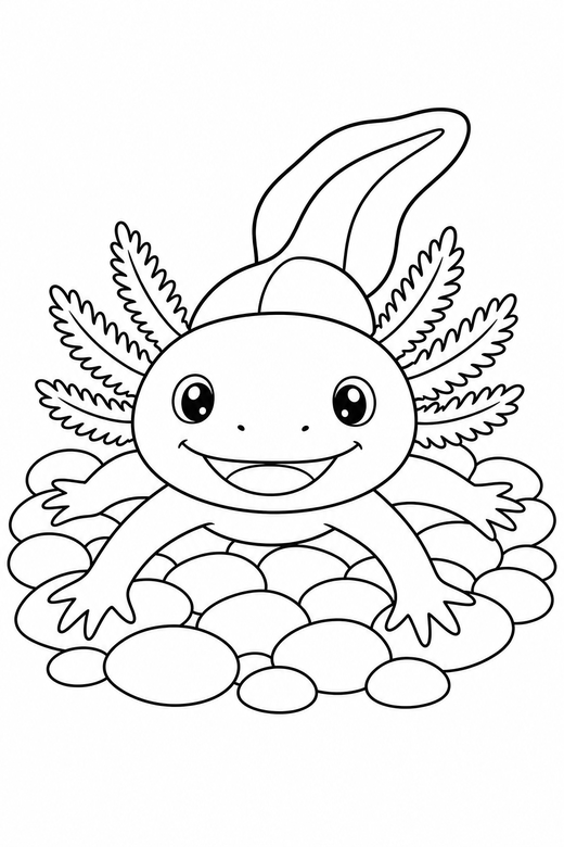 Smiling axolotl stretching on pebbles: A smiling cartoon axolotl stretching out its legs on a bed of smooth pebbles, free printable coloring page