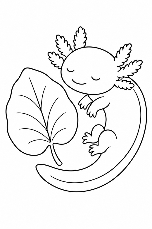 Sleepy axolotl curled with a leaf: An axolotl with closed, sleepy eyes curled into a comma shape beside a single broad leaf, free printable coloring page