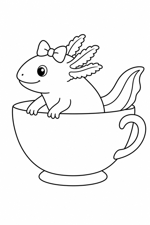 Axolotl with a bow side view in a teacup: An axolotl wearing a small bow shown in side profile sitting in an oversized teacup, free printable coloring page