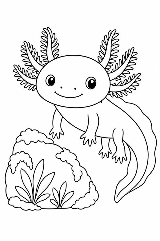 Axolotl floating near a rock: An axolotl with feathery external gills floating with its legs hanging down beside a mossy rock, free printable coloring page