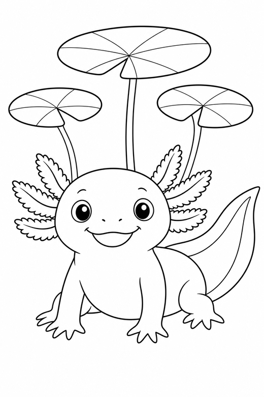 Smiling axolotl sitting under lily pads: A smiling cartoon axolotl sitting up on its front legs under floating lily pads, free printable coloring page