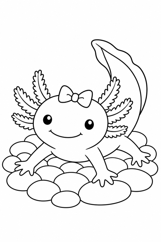 Axolotl with a bow stretching on pebbles: An axolotl wearing a small bow stretching out its legs on a bed of smooth pebbles, free printable coloring page