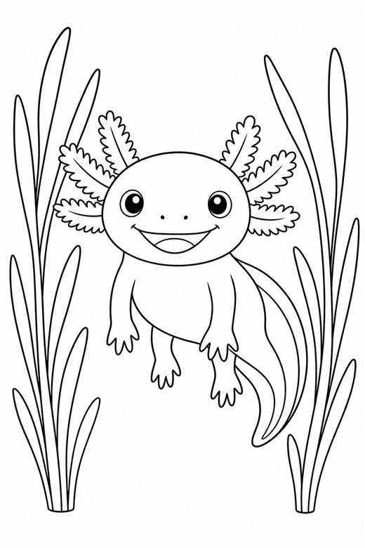 Smiling axolotl floating among reeds: A smiling cartoon axolotl floating with its legs hanging down among slender reeds, free printable coloring page